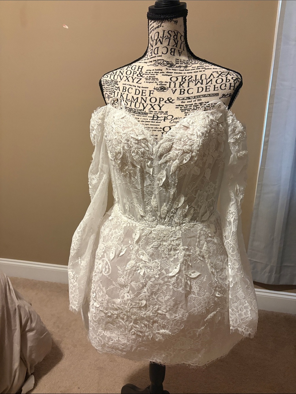Elegant White Lace Off-Shoulder Bridal Mini Dress with Long Sleeves